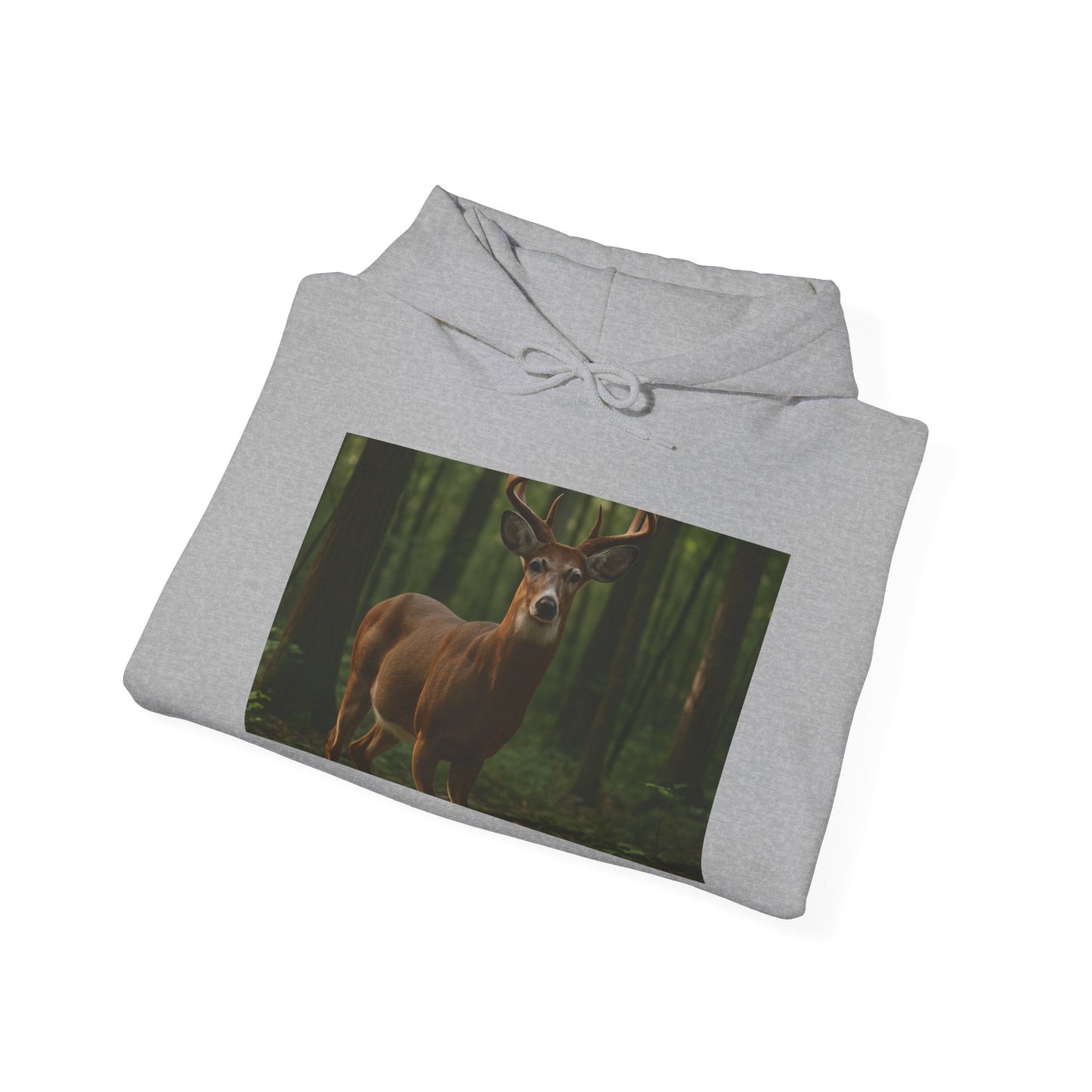 Folded gray hoodie with a deer in a forest design on a white background