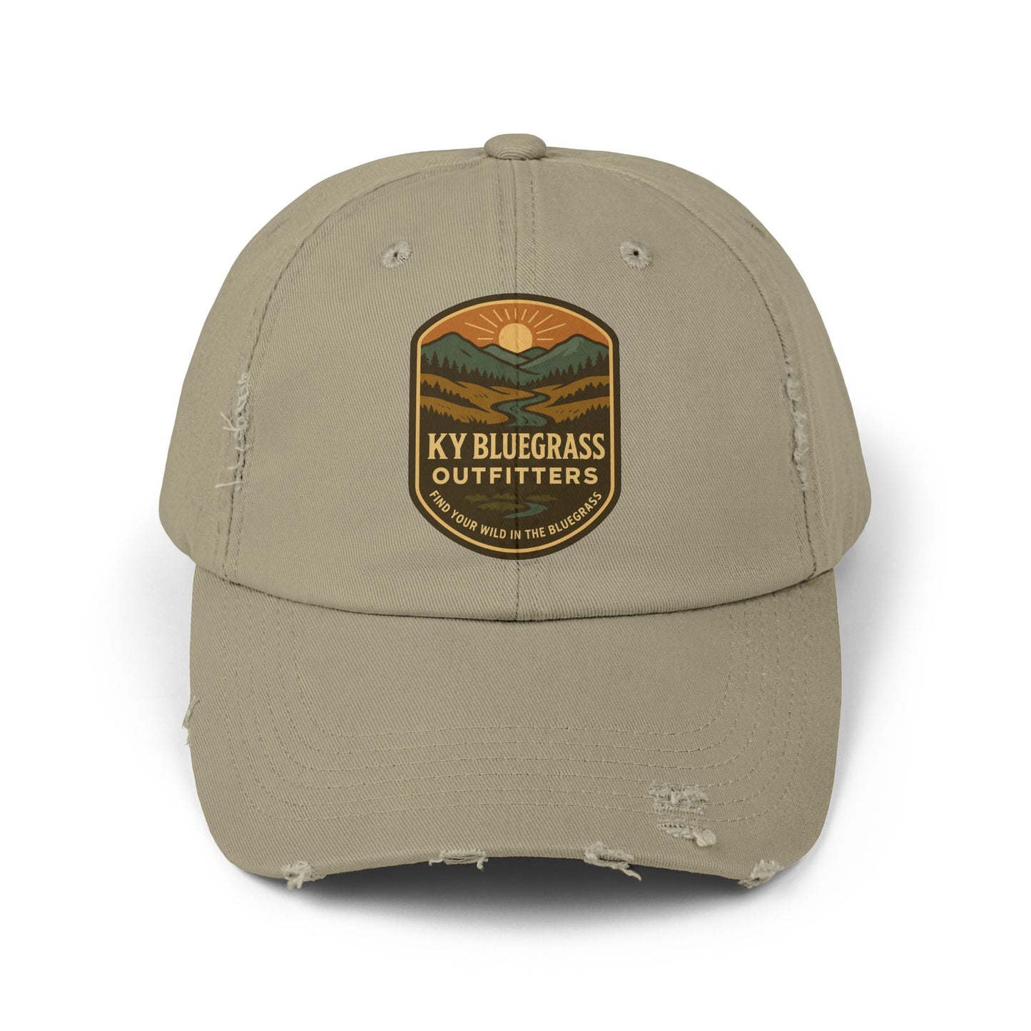 Khaki cap with KY Bluegrass Outfitters logo on a white background
