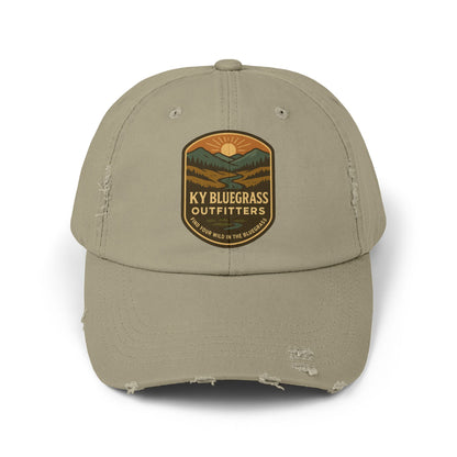 Khaki cap with KY Bluegrass Outfitters logo on a white background