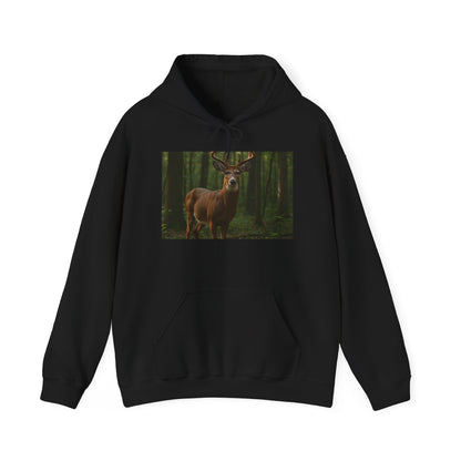 Black hoodie with a deer in a forest design on a white background
