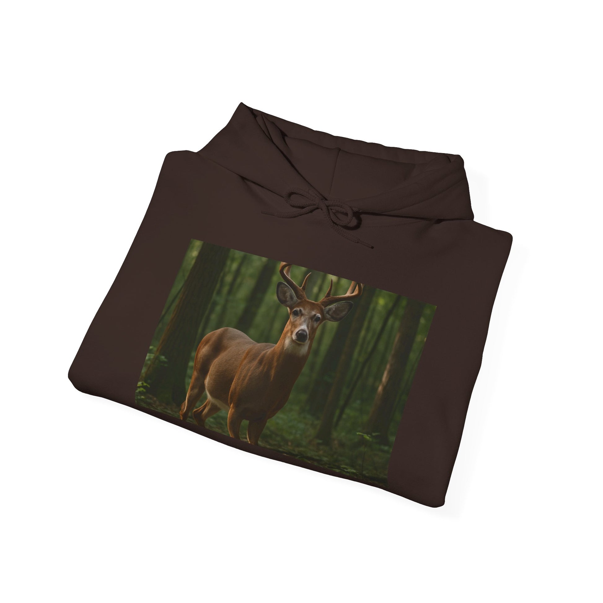 Brown hoodie with a deer in a forest design on a white background