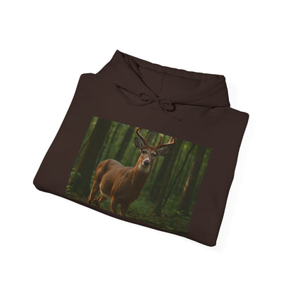 Brown hoodie with a deer in a forest design on a white background