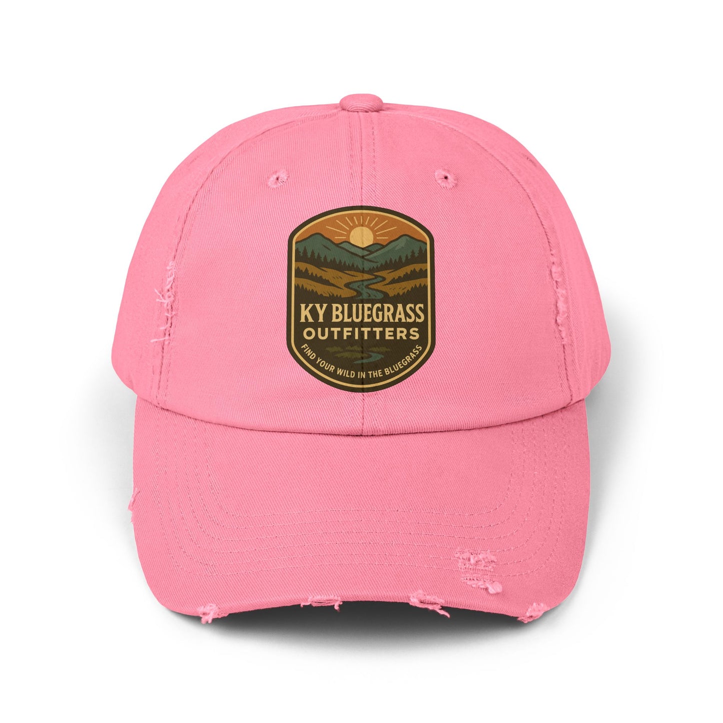 Pink cap with a logo and text on a white background