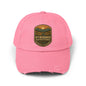 Pink cap with a logo and text on a white background