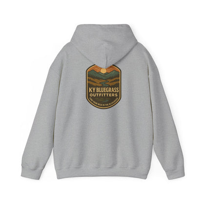 Gray hoodie with a logo and text on the back against a white background