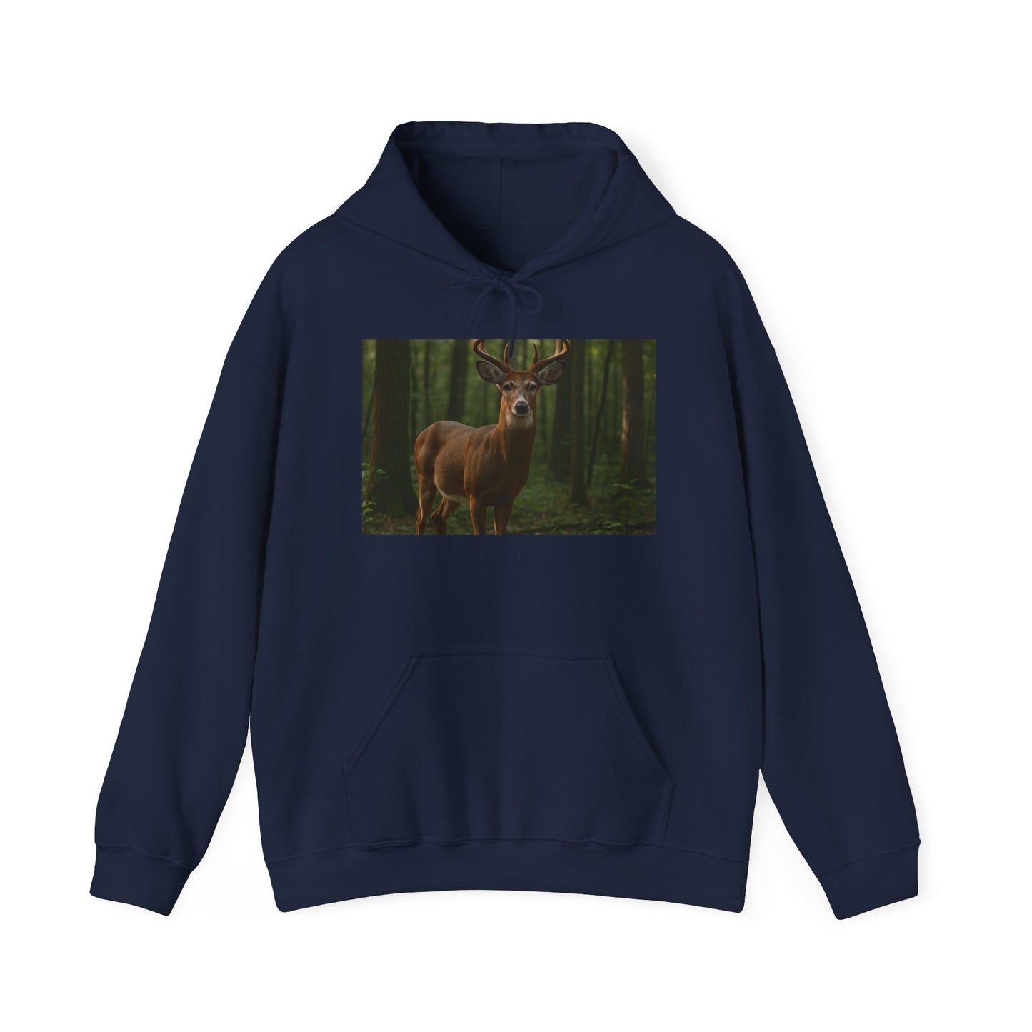 Navy blue hoodie with a deer in a forest design on a white background