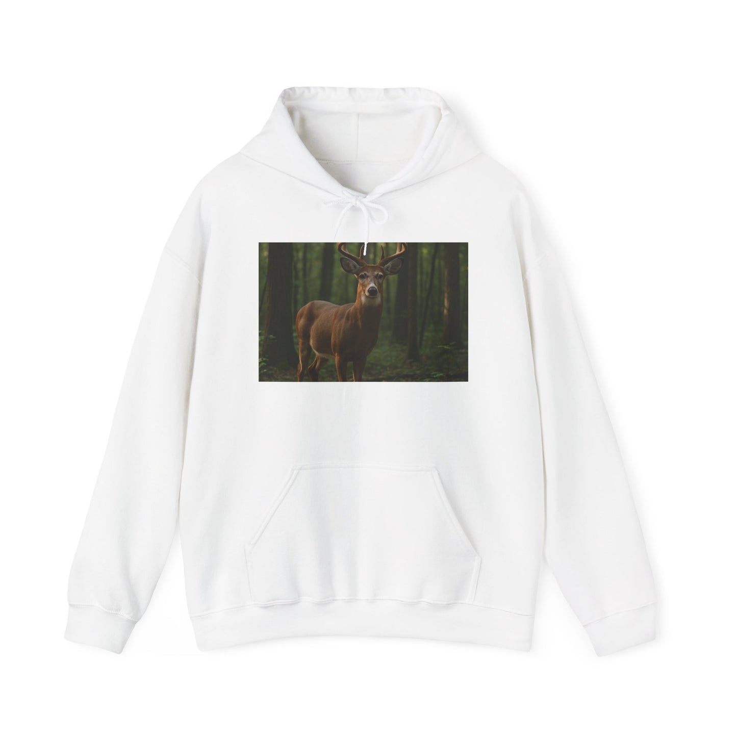 White hoodie with a deer in a forest design on a white background