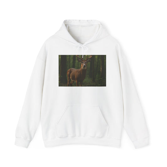 White hoodie with a deer in a forest design on a white background