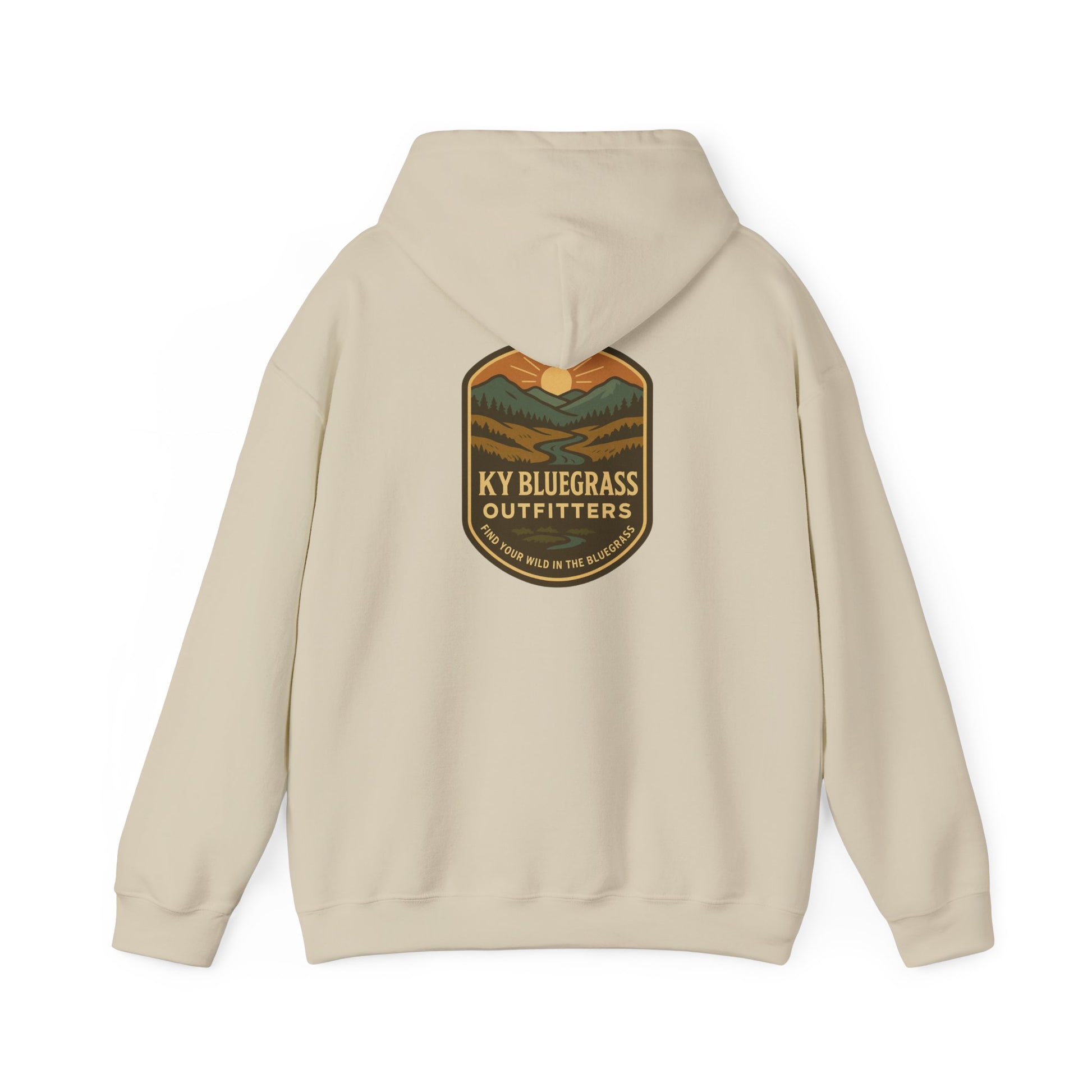 Beige hoodie with 'KY Bluegrass Outfitters' logo on the back against a white background