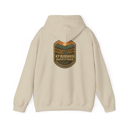 Beige hoodie with 'KY Bluegrass Outfitters' logo on the back against a white background