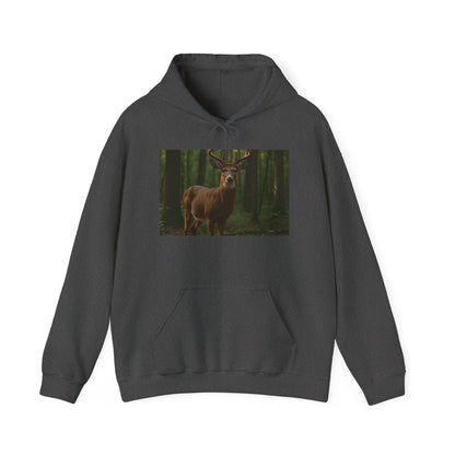 Dark gray hoodie with a deer in a forest design on a white background