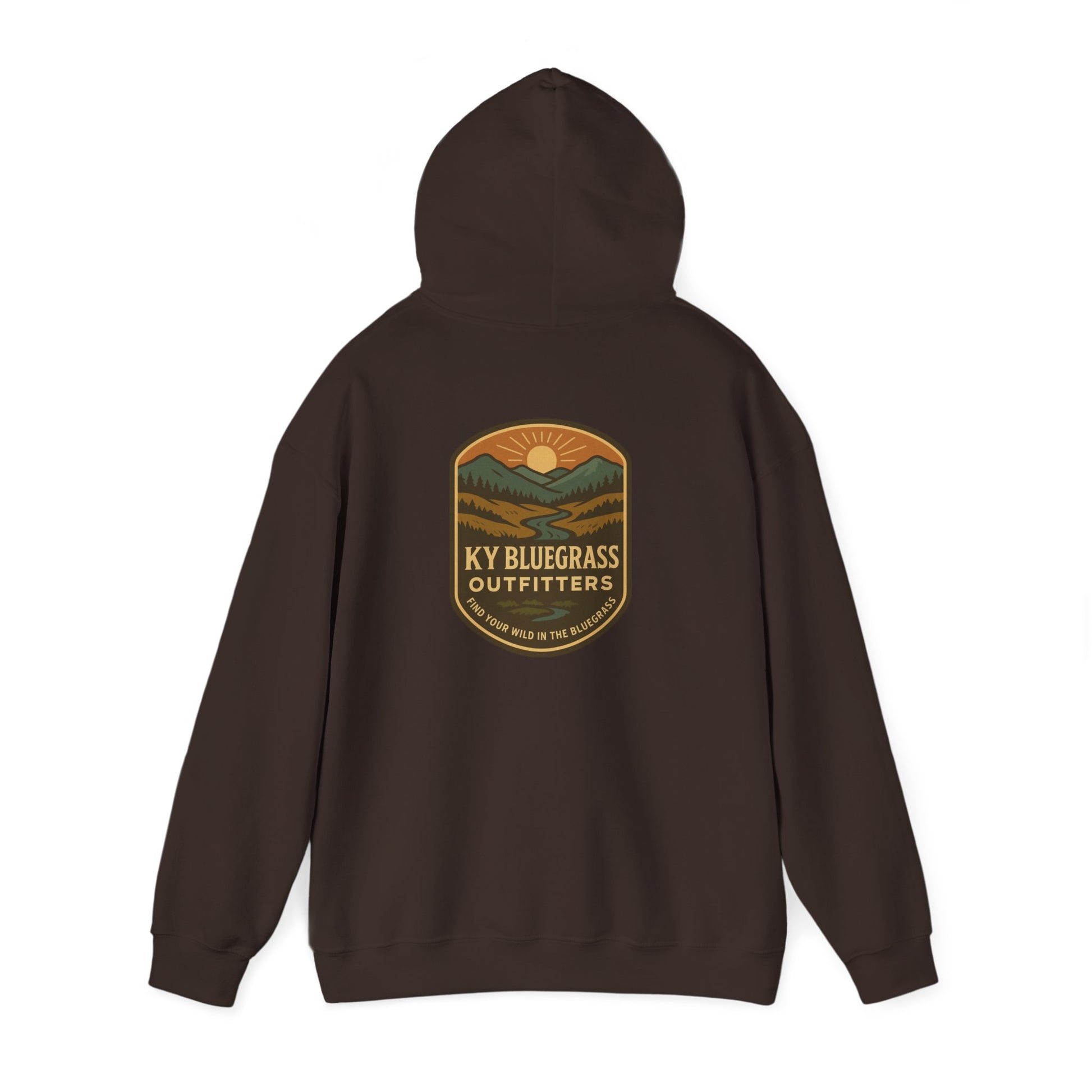 Brown hoodie with 'KY Bluegrass Outfitters' logo on the back against a white background