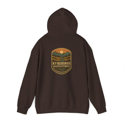 Brown hoodie with 'KY Bluegrass Outfitters' logo on the back against a white background