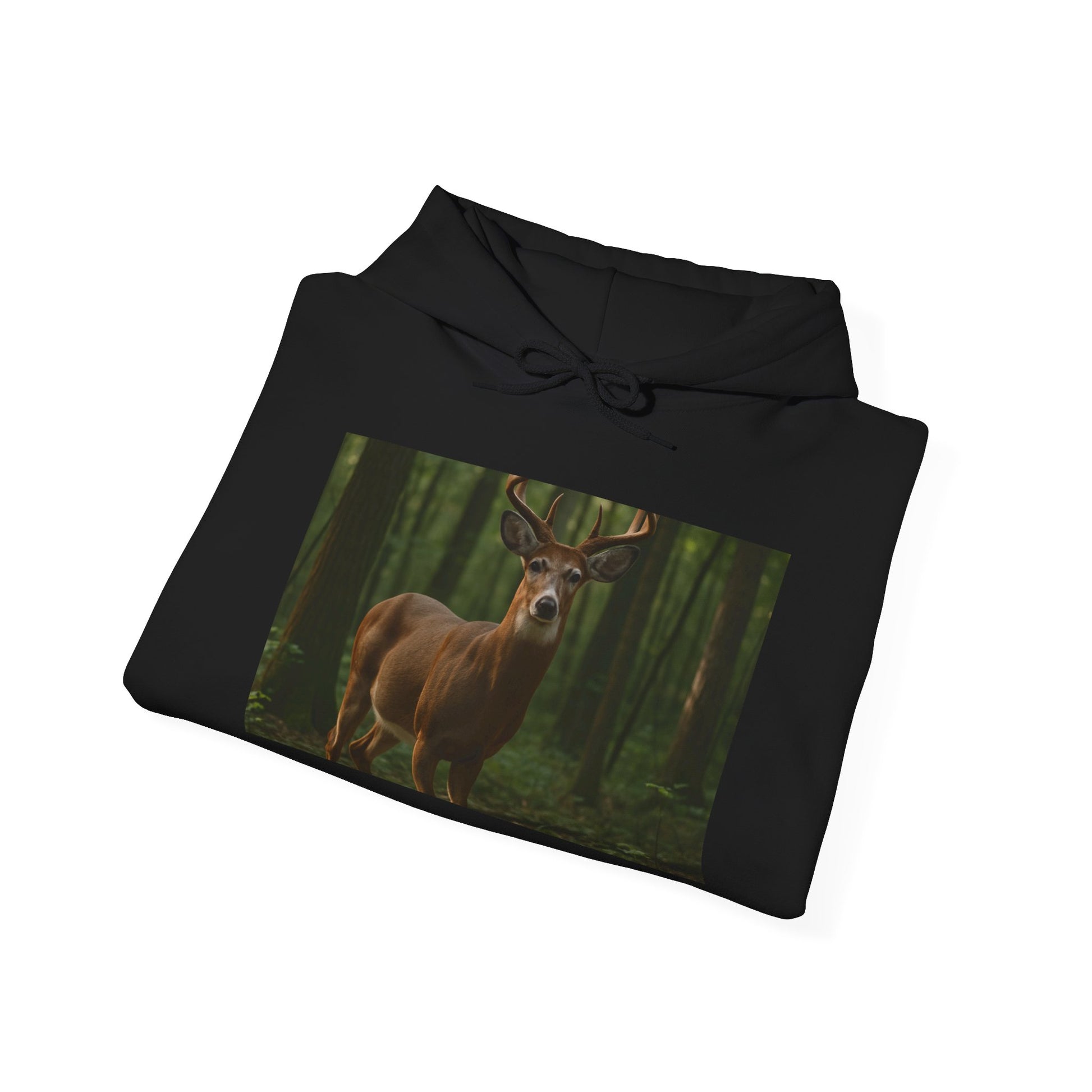 Black hoodie with a deer in a forest design on a white background