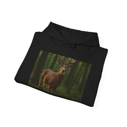 Black hoodie with a deer in a forest design on a white background