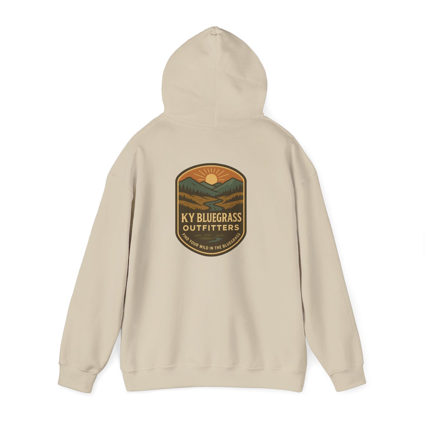 Beige hoodie with a 'KY Bluegrass Outfitters' logo on the back against a white background