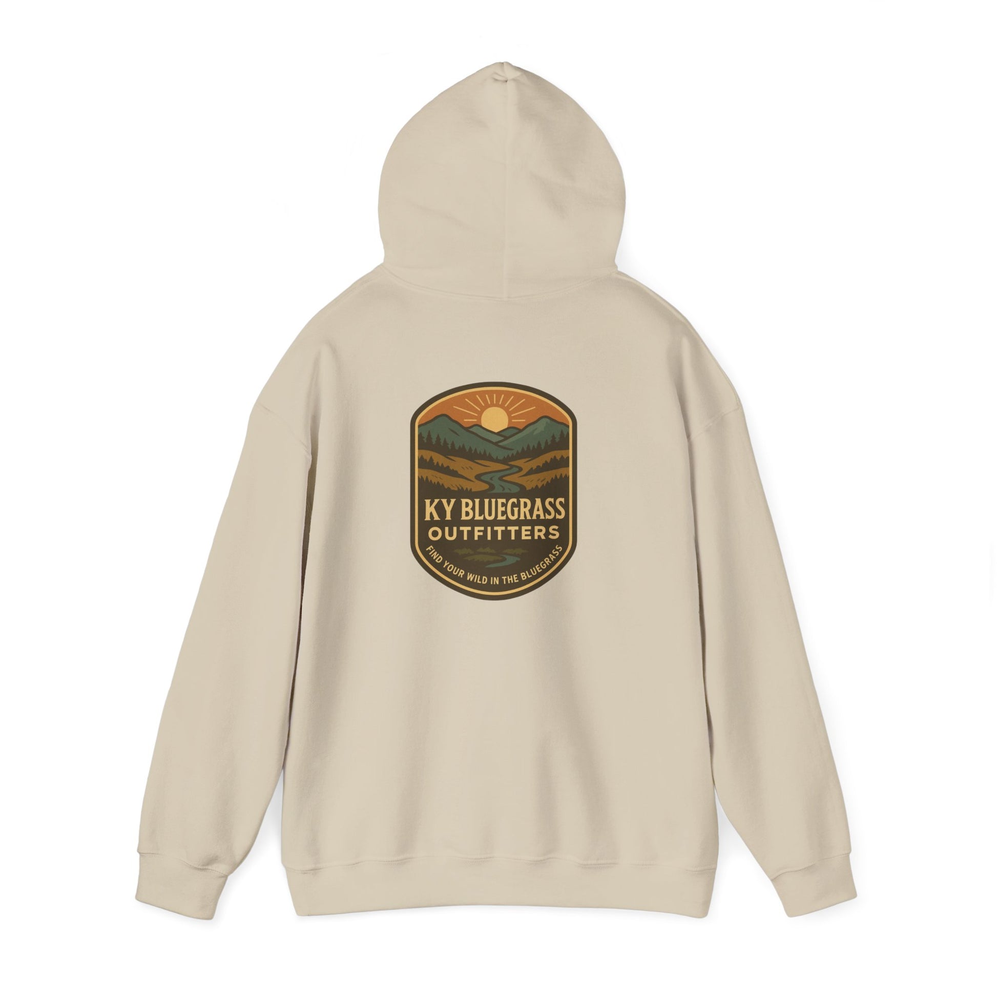 Beige hoodie with a 'KY Bluegrass Outfitters' logo on the back against a white background