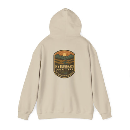 Beige hoodie with a 'KY Bluegrass Outfitters' logo on the back against a white background