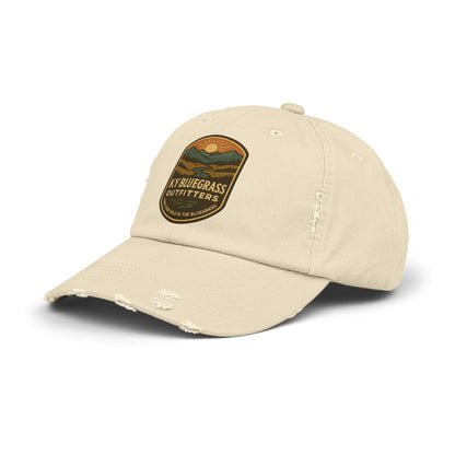 Beige cap with a logo and text on a white background