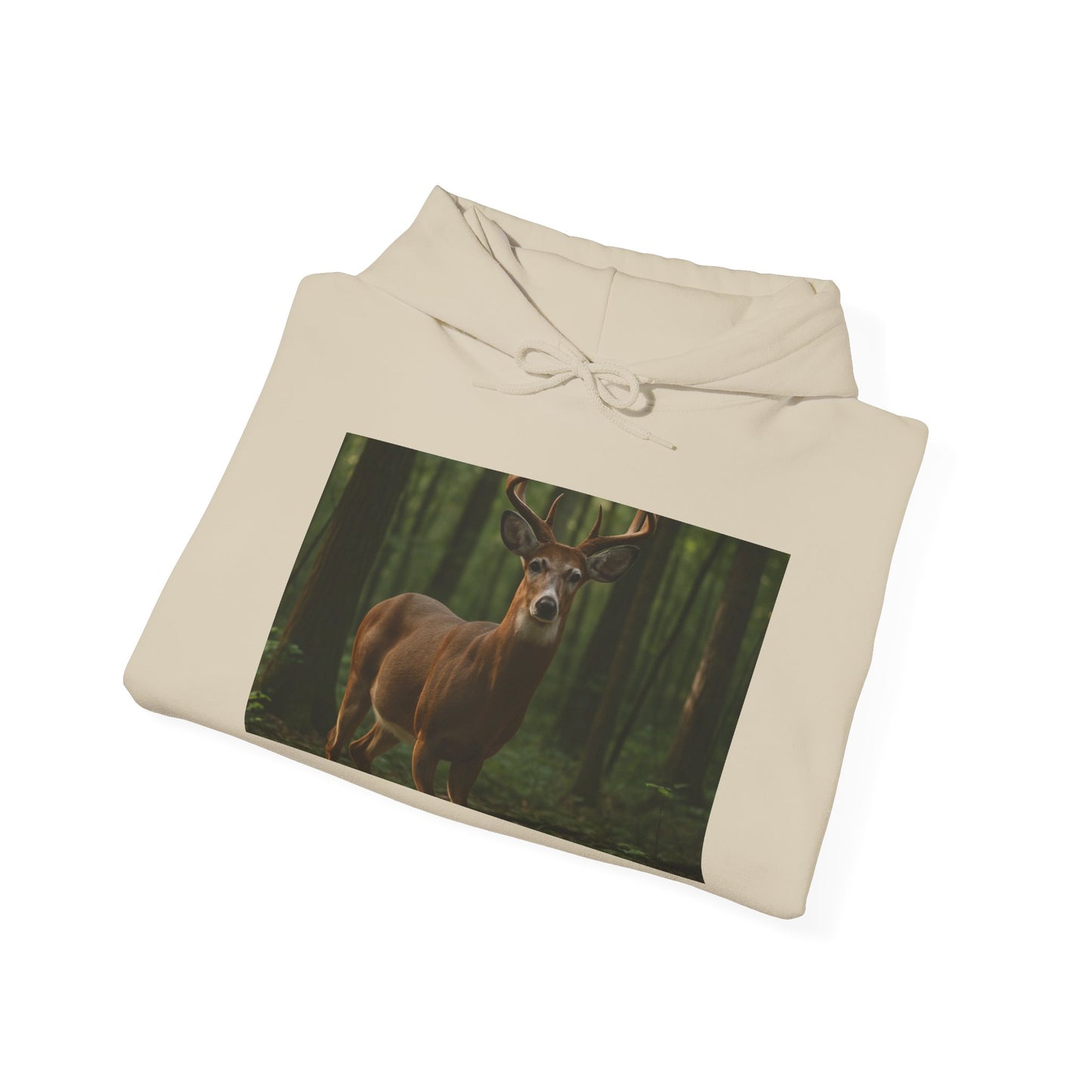 Beige hoodie with a deer in a forest design on a white background