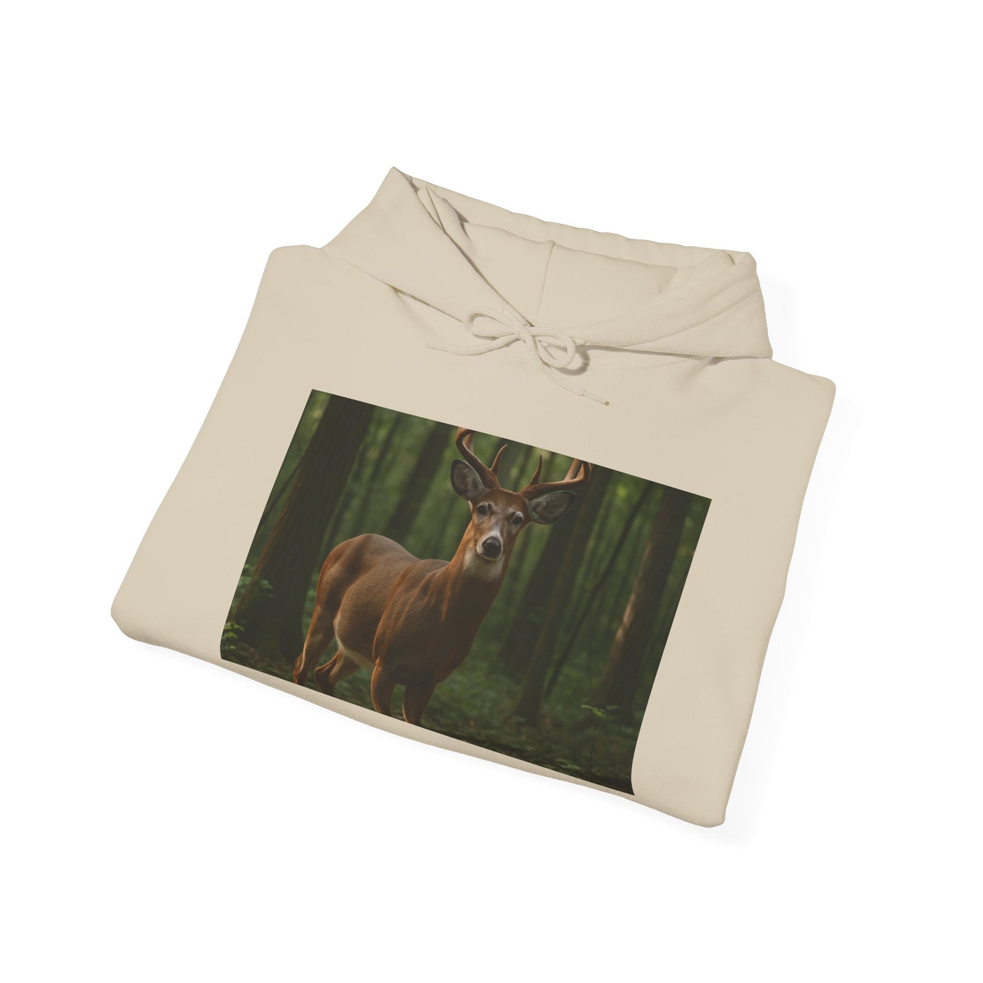 Beige hoodie with a deer in a forest design on a white background