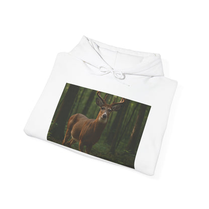 White sweatshirt with a deer in the forest design on a white background