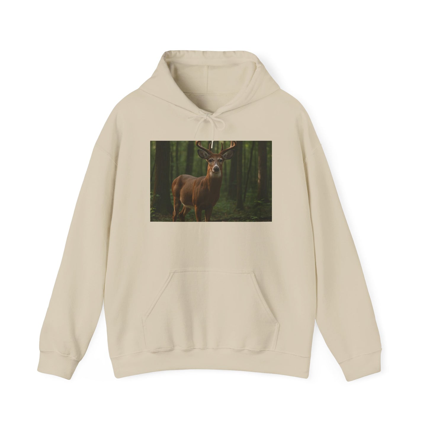 Beige hoodie with a deer in a forest design on a white background