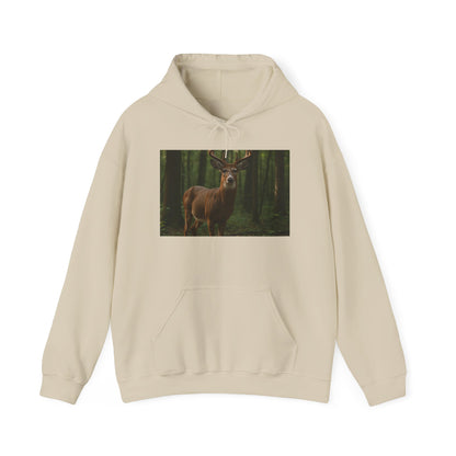Beige hoodie with a deer in a forest design on a white background