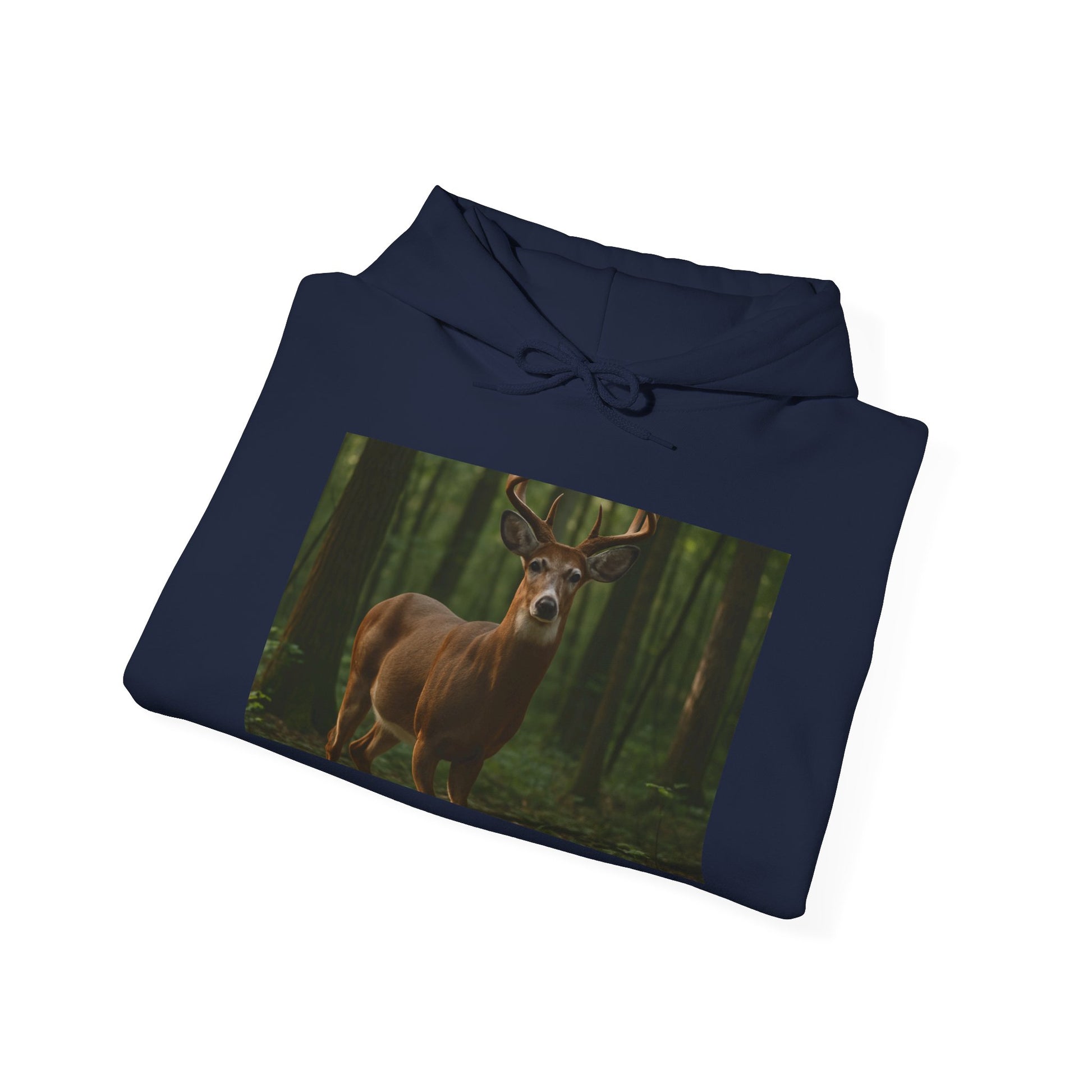 Navy blue hoodie with a deer in a forest design on a white background