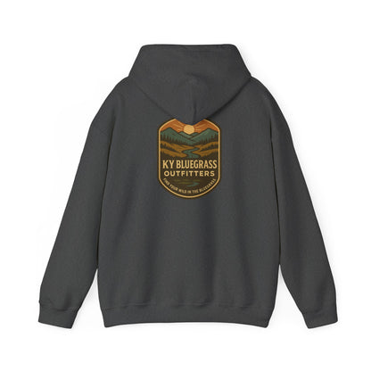 Dark gray hoodie with a 'KY Bluegrass Outfitters' logo on the back against a white background