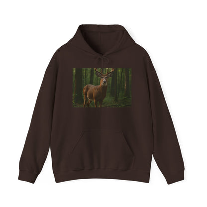 Brown hoodie with a deer in a forest design on a white background