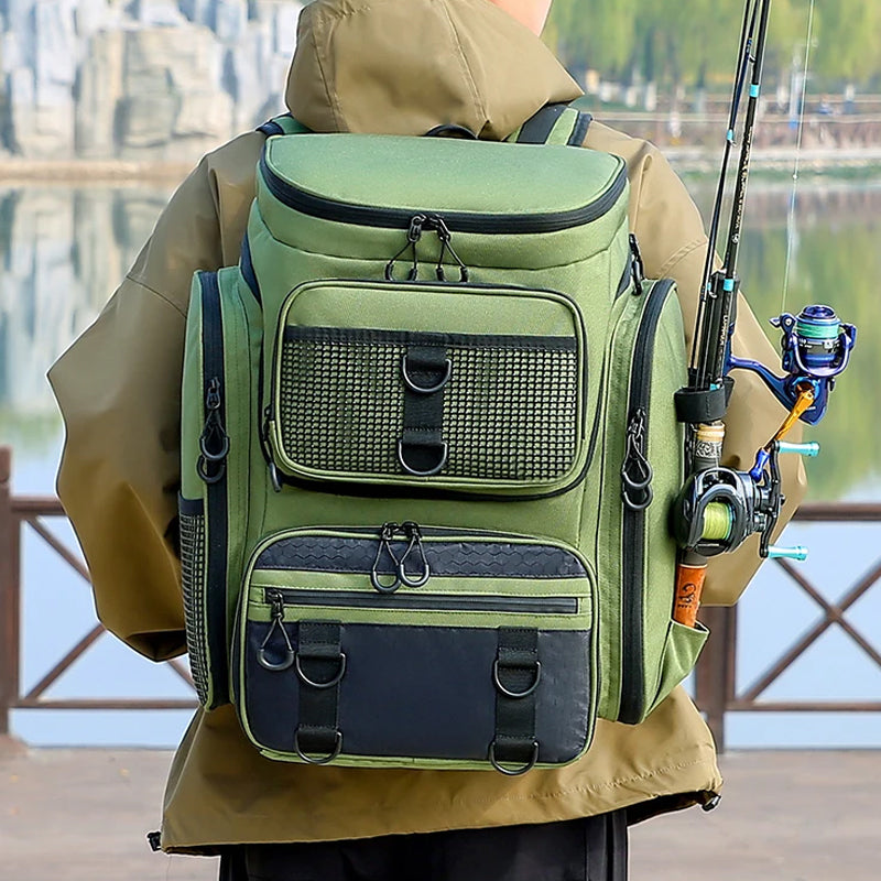 Fishing Backpack with Rod Holder, Tackle Organizer Box & Hiking Storage