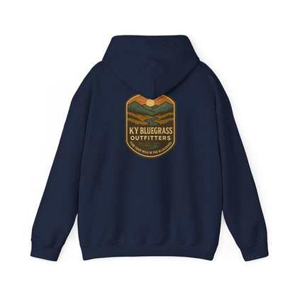 Navy blue hoodie with a logo on the back on a white background