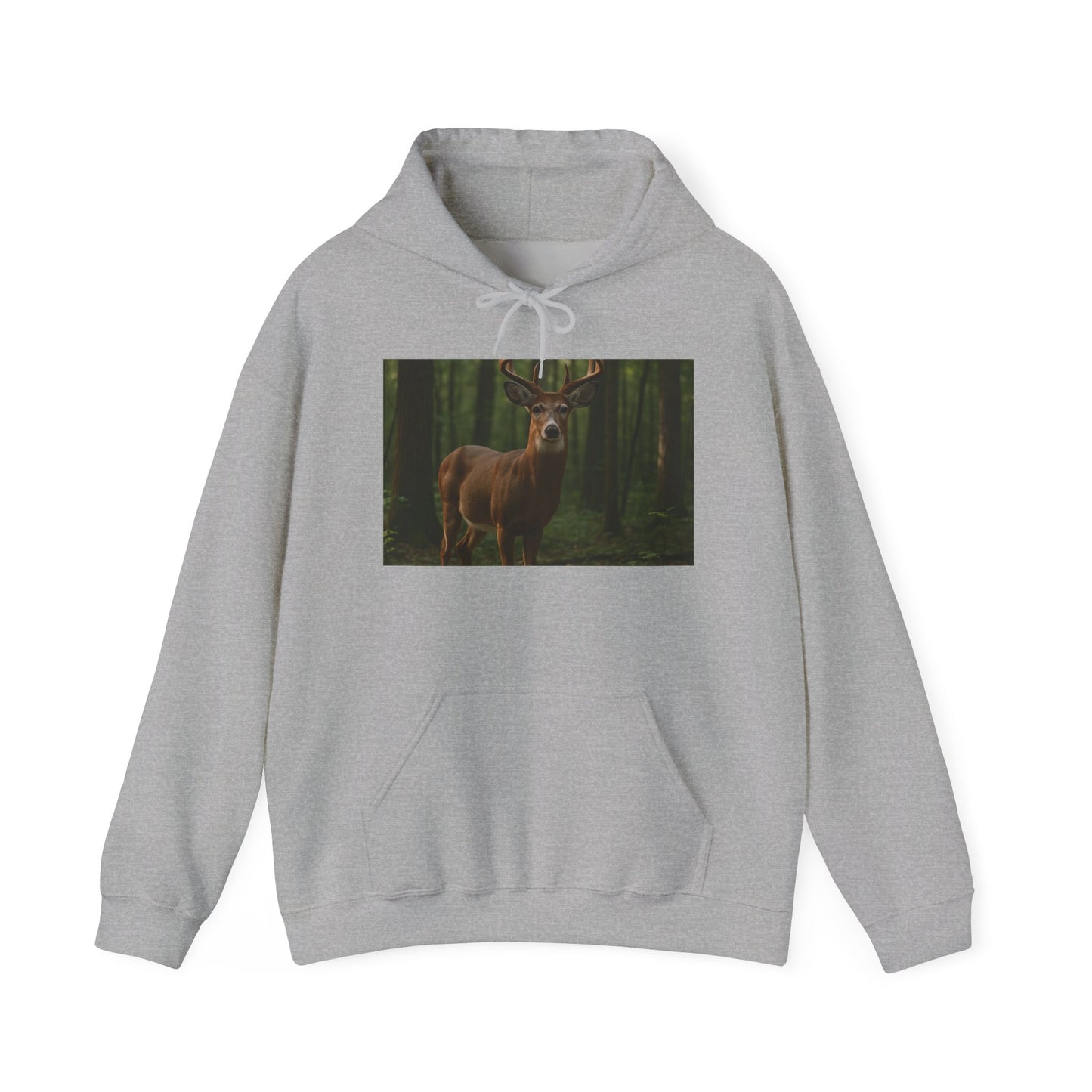 Gray hoodie with a deer in a forest design on a white background