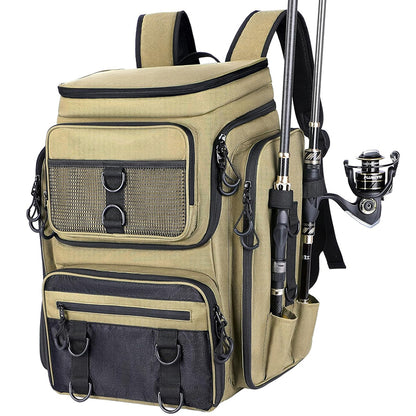 Fishing Backpack with Rod Holder, Tackle Organizer Box & Hiking Storage