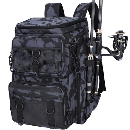 Fishing Backpack with Rod Holder, Tackle Organizer Box & Hiking Storage